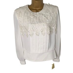 Vintage 80s In The Mood Lace Yoke Blouse Pearl Detail Shoulder Pads White 10